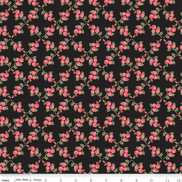 Image of Front Porch Trellis Black quilting cotton fabric by Jill Finley for Riley Blake Designs. Features flowers on a black background. Cute Little Fabric Shop.