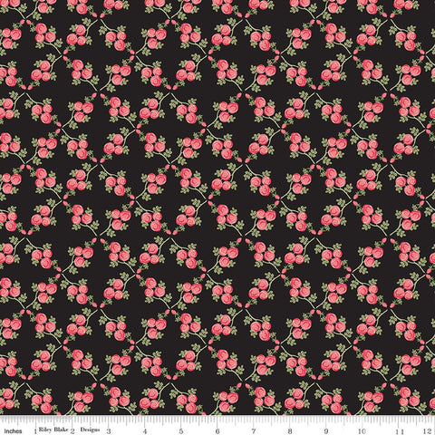 Image of Front Porch Trellis Black quilting cotton fabric by Jill Finley for Riley Blake Designs. Features flowers on a black background. Cute Little Fabric Shop.
