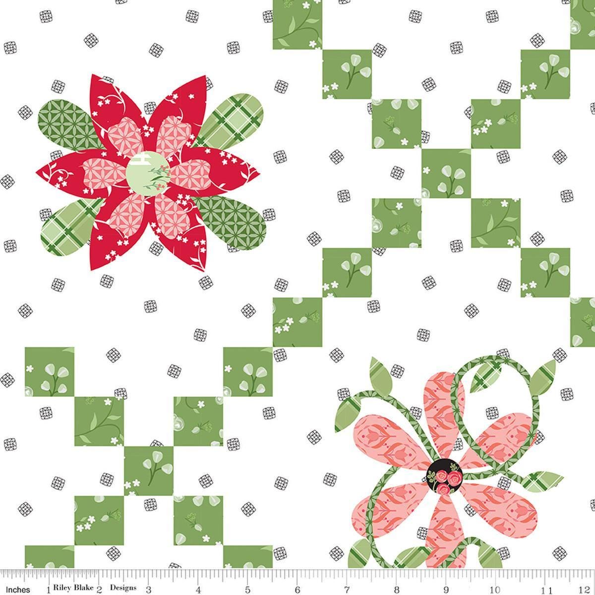Image of Front Porch Flower Chain Cheater Print White quilting cotton fabric by Jill Finley for Riley Blake Designs. Features flowers on a white background. Cute Little Fabric Shop.