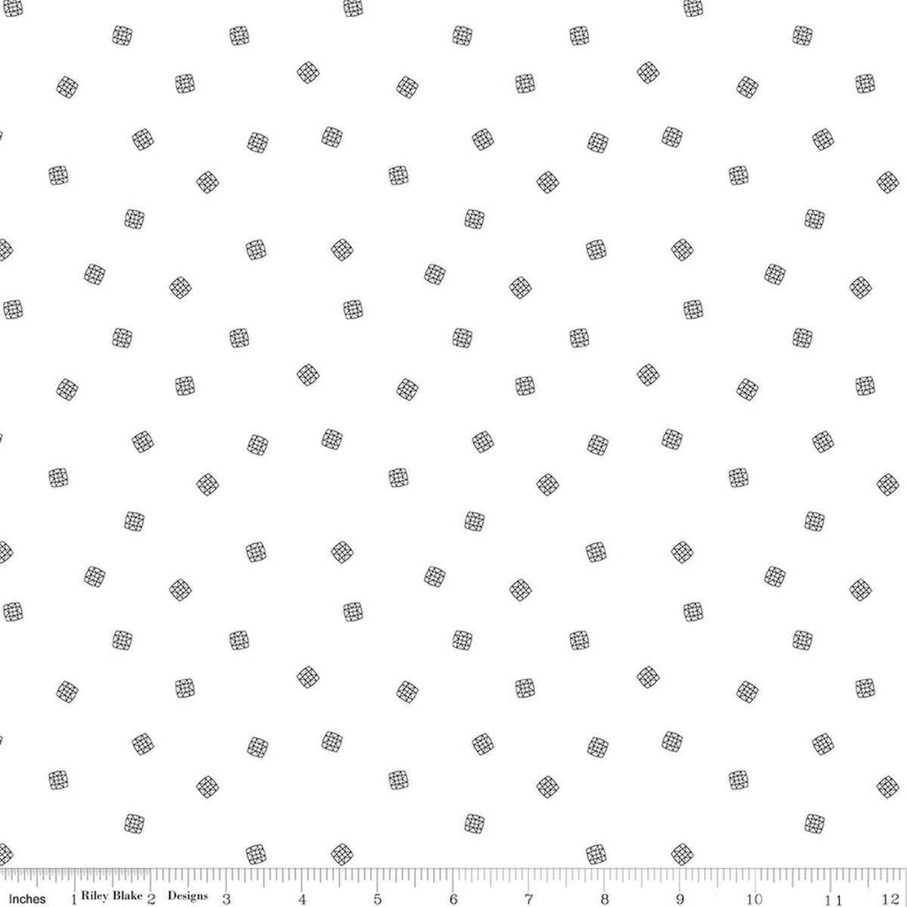 Image of Front Porch Pillow Scatter Black quilting cotton fabric by Jill Finley for Riley Blake Designs. Features small geometric patterns on a white background. Cute Little Fabric Shop.