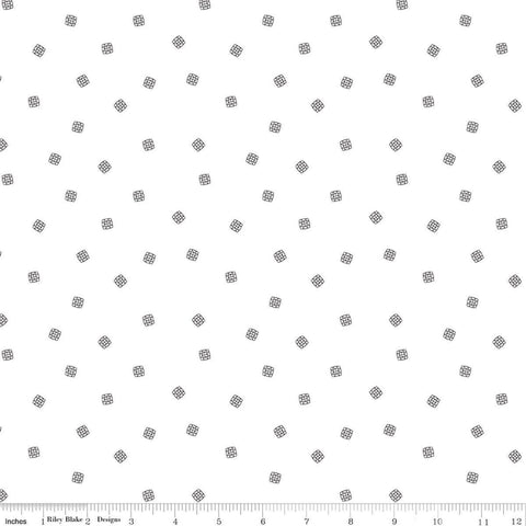 Image of Front Porch Pillow Scatter Black quilting cotton fabric by Jill Finley for Riley Blake Designs. Features small geometric patterns on a white background. Cute Little Fabric Shop.