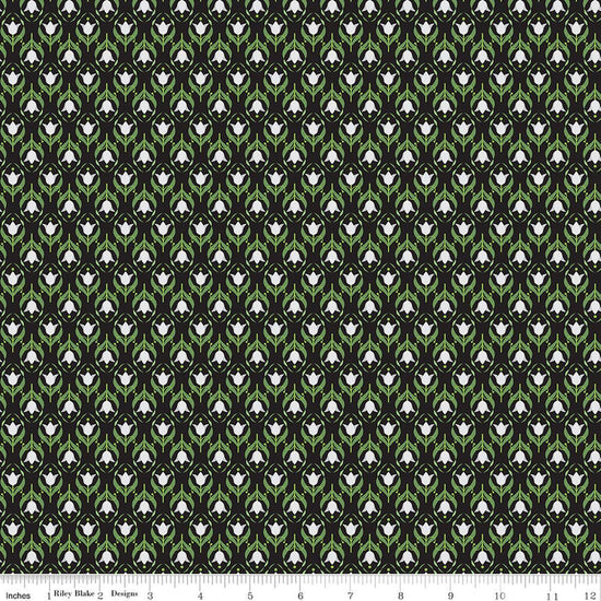 Image of Front Porch Medallions Black quilting cotton fabric by Jill Finley for Riley Blake Designs. Features flowers on a black background. Cute Little Fabric Shop.