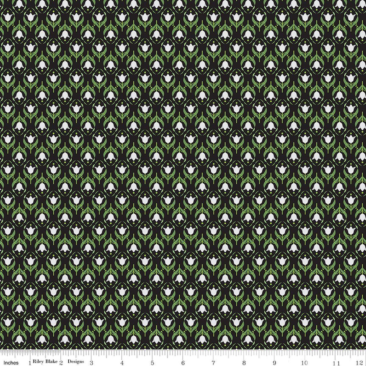 Image of Front Porch Medallions Black quilting cotton fabric by Jill Finley for Riley Blake Designs. Features flowers on a black background. Cute Little Fabric Shop.