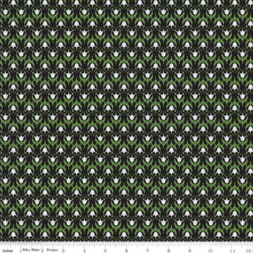 Image of Front Porch Medallions Black quilting cotton fabric by Jill Finley for Riley Blake Designs. Features flowers on a black background. Cute Little Fabric Shop.