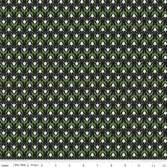Image of Front Porch Medallions Black quilting cotton fabric by Jill Finley for Riley Blake Designs. Features flowers on a black background. Cute Little Fabric Shop.