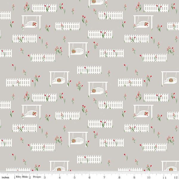 Image of Front Porch Porch Swings Gray quilting cotton fabric by Jill Finley for Riley Blake Designs. Features garden fences on a gray background. Cute Little Fabric Shop.