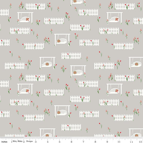 Image of Front Porch Porch Swings Gray quilting cotton fabric by Jill Finley for Riley Blake Designs. Features garden fences on a gray background. Cute Little Fabric Shop.