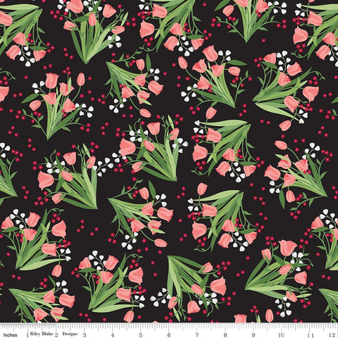 Image of Front Porch Main Black quilting cotton fabric by Jill Finley for Riley Blake Designs. Features flowers on a black background. Cute Little Fabric Shop.
