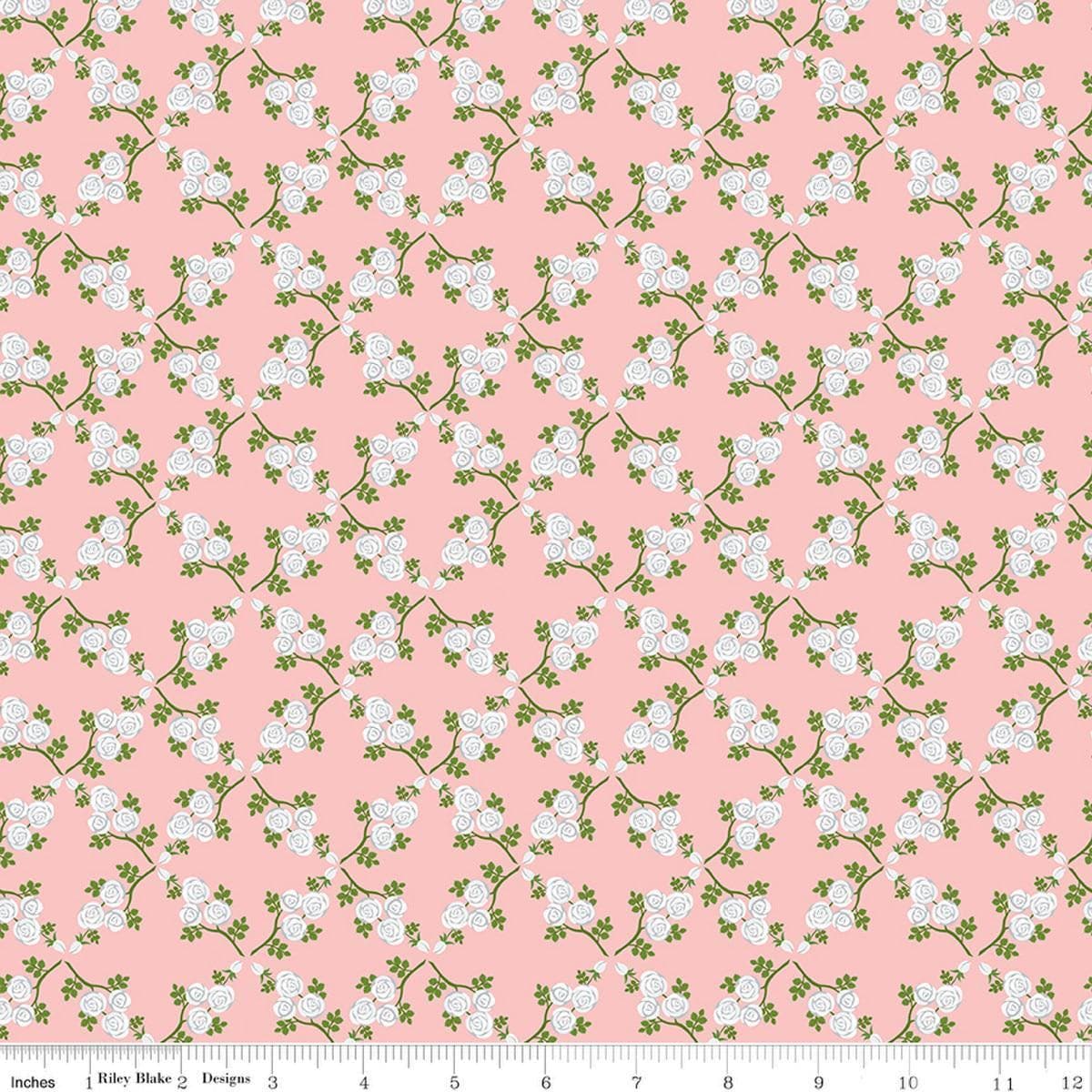 Image of Front Porch Trellis Pink quilting cotton fabric by Jill Finley for Riley Blake Designs. Features flowers on a pink background. Cute Little Fabric Shop.