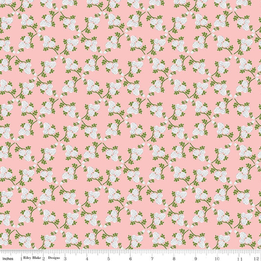 Image of Front Porch Trellis Pink quilting cotton fabric by Jill Finley for Riley Blake Designs. Features flowers on a pink background. Cute Little Fabric Shop.