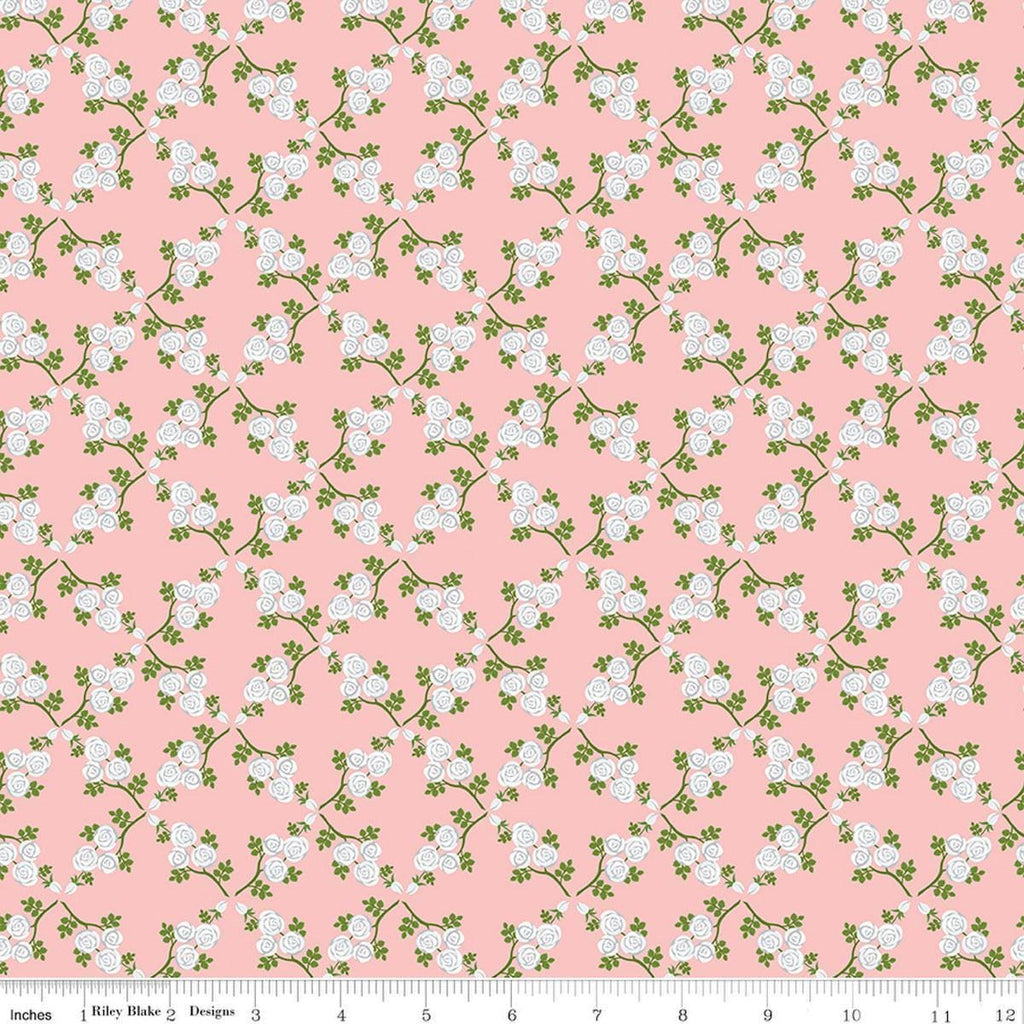 Image of Front Porch Trellis Pink quilting cotton fabric by Jill Finley for Riley Blake Designs. Features flowers on a pink background. Cute Little Fabric Shop.