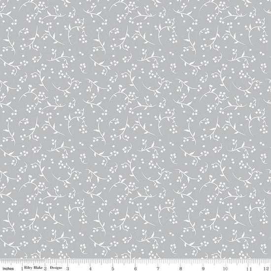 Image of Front Porch Stems Gray quilting cotton fabric by Jill Finley for Riley Blake Designs. Features flowers on a gray background. Cute Little Fabric Shop.