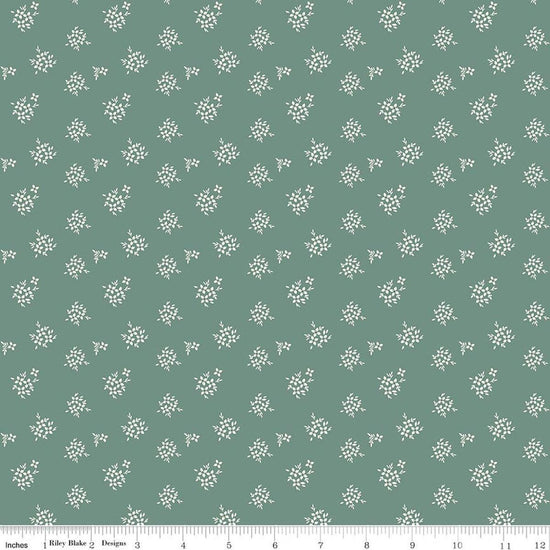Image of Renew Ditsy Aqua quilting cotton fabric by Sandy Gervais for Riley Blake Designs. Features flowers on a blue background. Cute Little Fabric Shop.