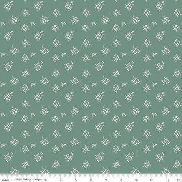 Image of Renew Ditsy Aqua quilting cotton fabric by Sandy Gervais for Riley Blake Designs. Features flowers on a blue background. Cute Little Fabric Shop.