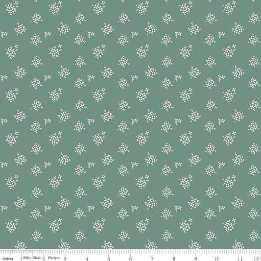 Image of Renew Ditsy Aqua quilting cotton fabric by Sandy Gervais for Riley Blake Designs. Features flowers on a blue background. Cute Little Fabric Shop.