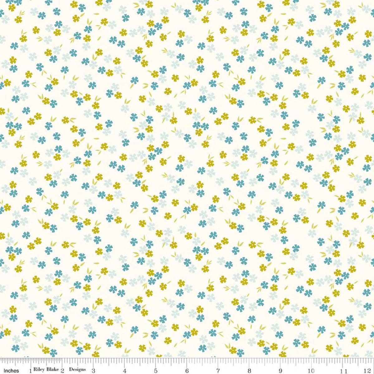 Image of Homage Ditsy Floral White quilting cotton fabric by Fran Gulick for Riley Blake Designs. Features flowers on a cream background. Cute Little Fabric Shop.