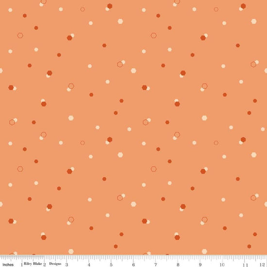 Image of Homage Hexi Marmalade quilting cotton fabric by Fran Gulick for Riley Blake Designs. Features hexagons on an orange background. Cute Little Fabric Shop.