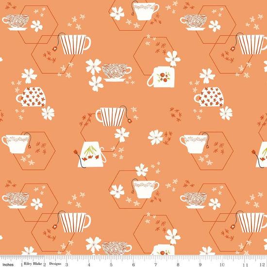 Image of Homage Tea Time Marmalade quilting cotton fabric by Fran Gulick for Riley Blake Designs. Features teacups on an orange background. Cute Little Fabric Shop.