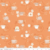 Image of Homage Tea Time Marmalade quilting cotton fabric by Fran Gulick for Riley Blake Designs. Features teacups on an orange background. Cute Little Fabric Shop.
