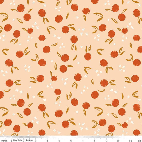 Image of Homage Oranges Shell quilting cotton fabric by Fran Gulick for Riley Blake Designs. Features oranges on an orange background. Cute Little Fabric Shop.