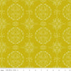 Image of Homage Doilies Citron quilting cotton fabric by Fran Gulick for Riley Blake Designs. Features printed lace on a yellow background. Cute Little Fabric Shop.