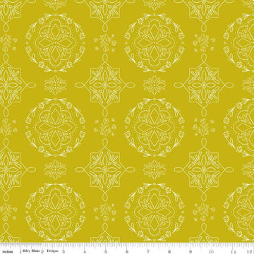 Image of Homage Doilies Citron quilting cotton fabric by Fran Gulick for Riley Blake Designs. Features printed lace on a yellow background. Cute Little Fabric Shop.