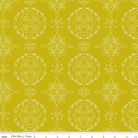 Image of Homage Doilies Citron quilting cotton fabric by Fran Gulick for Riley Blake Designs. Features printed lace on a yellow background. Cute Little Fabric Shop.