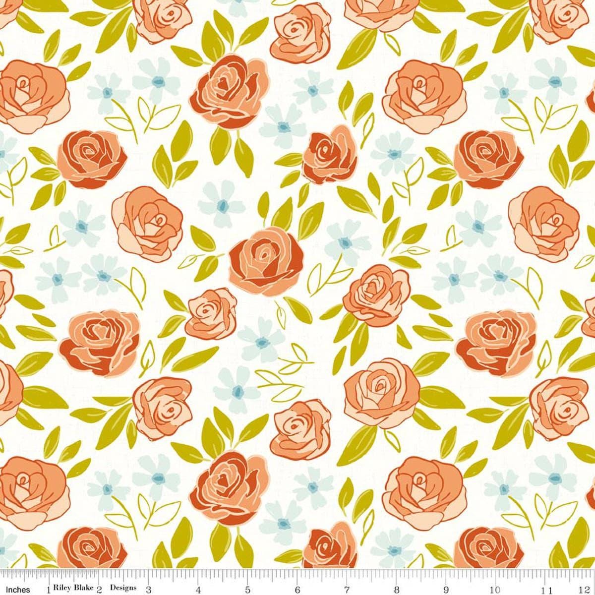 Image of Homage Main White quilting cotton fabric by Fran Gulick for Riley Blake Designs. Features flowers on a cream background. Cute Little Fabric Shop.