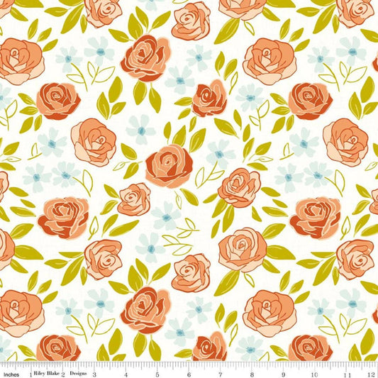 Image of Homage Main White quilting cotton fabric by Fran Gulick for Riley Blake Designs. Features flowers on a cream background. Cute Little Fabric Shop.
