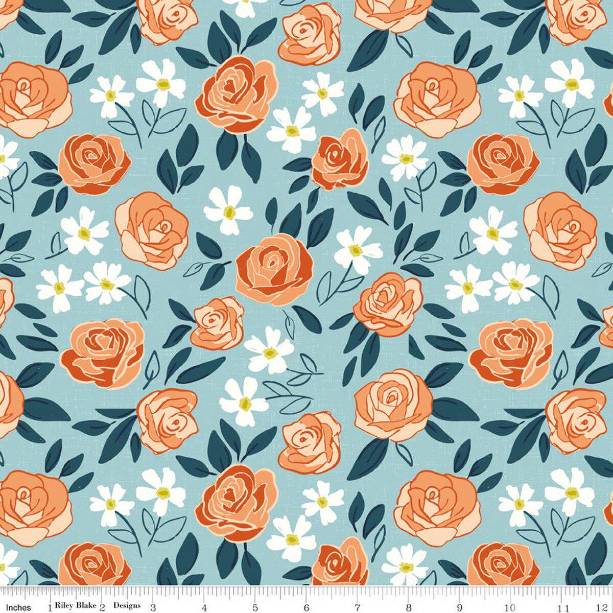 Image of Homage Main Aqua quilting cotton fabric by Fran Gulick for Riley Blake Designs. Features flowers on a blue background. Cute Little Fabric Shop.