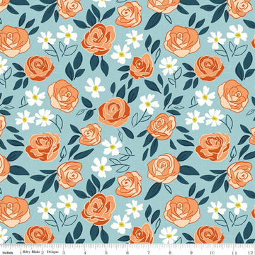 Image of Homage Main Aqua quilting cotton fabric by Fran Gulick for Riley Blake Designs. Features flowers on a blue background. Cute Little Fabric Shop.