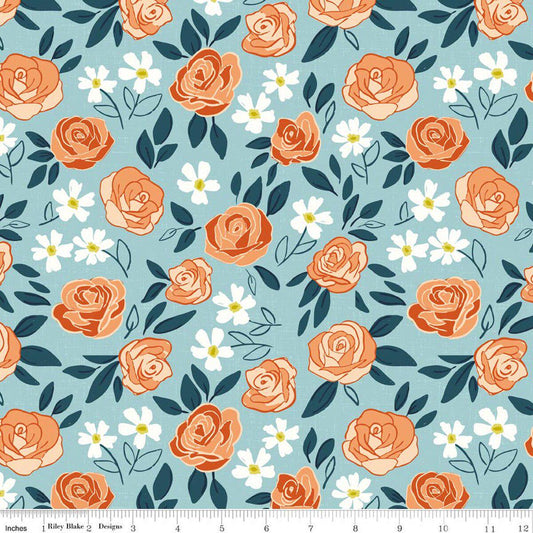 Image of Homage Main Aqua quilting cotton fabric by Fran Gulick for Riley Blake Designs. Features flowers on a blue background. Cute Little Fabric Shop.