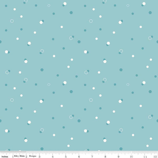 Image of Homage Hexi Aqua quilting cotton fabric by Fran Gulick for Riley Blake Designs. Features hexagons on a blue background. Cute Little Fabric Shop.