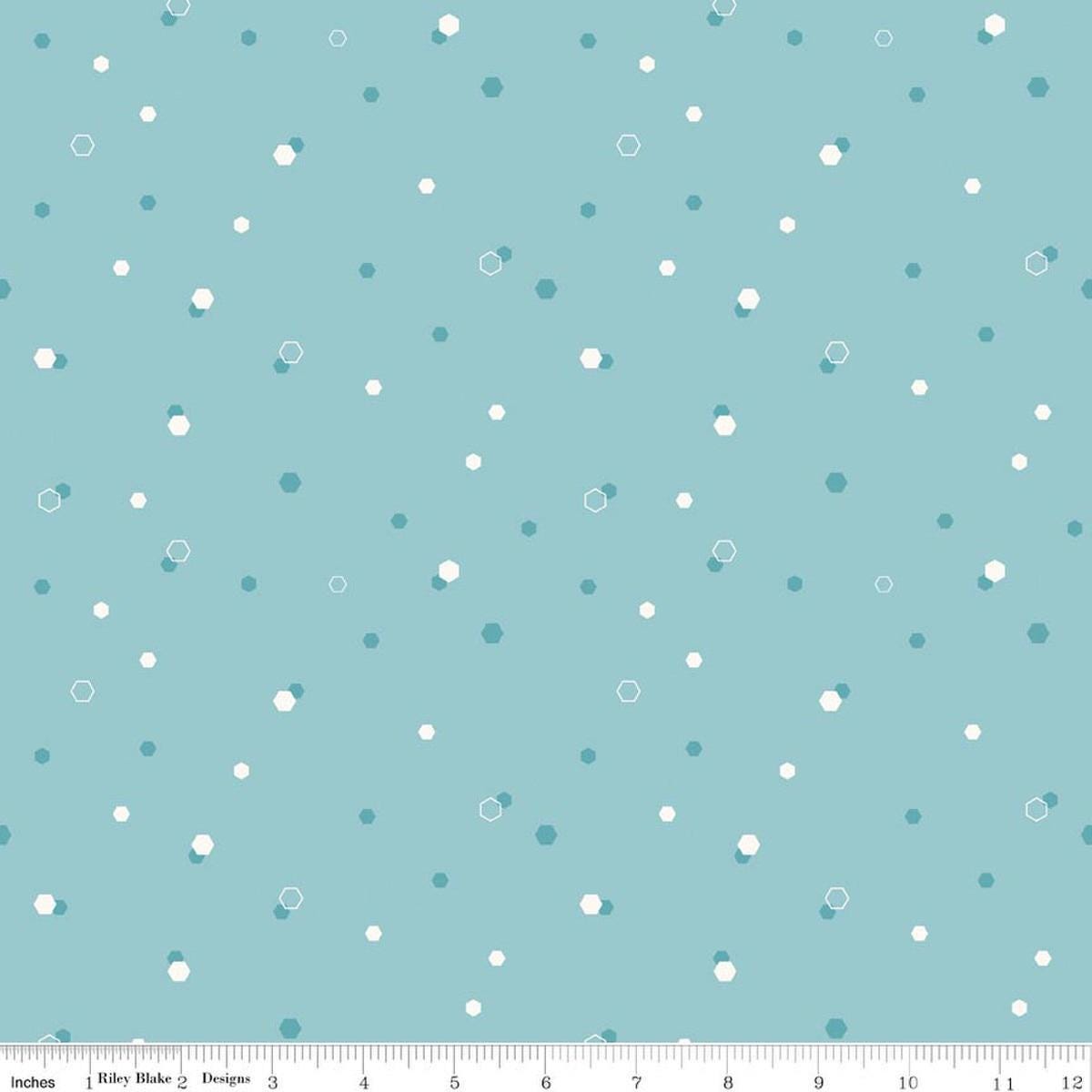 Image of Homage Hexi Aqua quilting cotton fabric by Fran Gulick for Riley Blake Designs. Features hexagons on a blue background. Cute Little Fabric Shop.