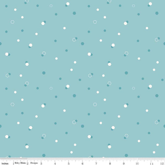 Image of Homage Hexi Aqua quilting cotton fabric by Fran Gulick for Riley Blake Designs. Features hexagons on a blue background. Cute Little Fabric Shop.