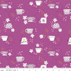Image of Homage Tea Time Fuchsia quilting cotton fabric by Fran Gulick for Riley Blake Designs. Features teacups on a purple background. Cute Little Fabric Shop.