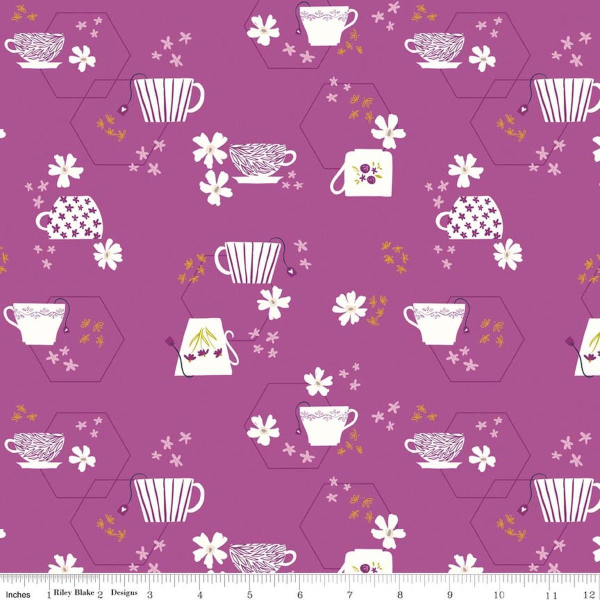 Image of Homage Tea Time Fuchsia quilting cotton fabric by Fran Gulick for Riley Blake Designs. Features teacups on a purple background. Cute Little Fabric Shop.