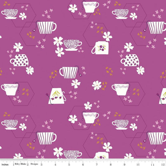 Image of Homage Tea Time Fuchsia quilting cotton fabric by Fran Gulick for Riley Blake Designs. Features teacups on a purple background. Cute Little Fabric Shop.