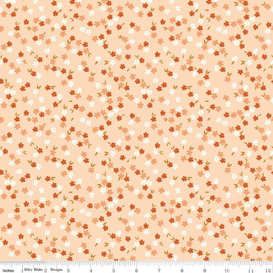 Image of Homage Ditsy Floral Shell quilting cotton fabric by Fran Gulick for Riley Blake Designs. Features flowers on an orange background. Cute Little Fabric Shop.