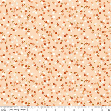 Image of Homage Ditsy Floral Shell quilting cotton fabric by Fran Gulick for Riley Blake Designs. Features flowers on an orange background. Cute Little Fabric Shop.