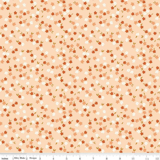 Image of Homage Ditsy Floral Shell quilting cotton fabric by Fran Gulick for Riley Blake Designs. Features flowers on an orange background. Cute Little Fabric Shop.
