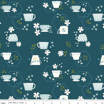 Image of Homage Team Time Colonial quilting cotton fabric by Fran Gulick for Riley Blake Designs. Features teacups on a blue background. Cute Little Fabric Shop.