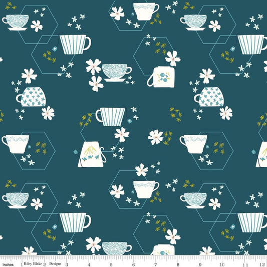 Image of Homage Team Time Colonial quilting cotton fabric by Fran Gulick for Riley Blake Designs. Features teacups on a blue background. Cute Little Fabric Shop.