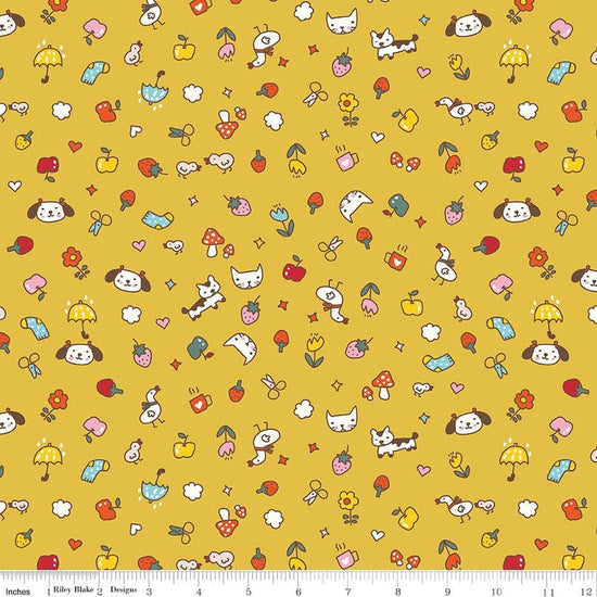 Image of Serendipity 2 Toss Golden quilting cotton fabric by Minki Kim for Riley Blake Designs. Features summer items on a yellow background. Cute Little Fabric Shop.