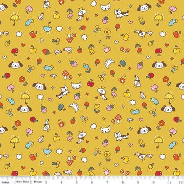 Image of Serendipity 2 Toss Golden quilting cotton fabric by Minki Kim for Riley Blake Designs. Features summer items on a yellow background. Cute Little Fabric Shop.