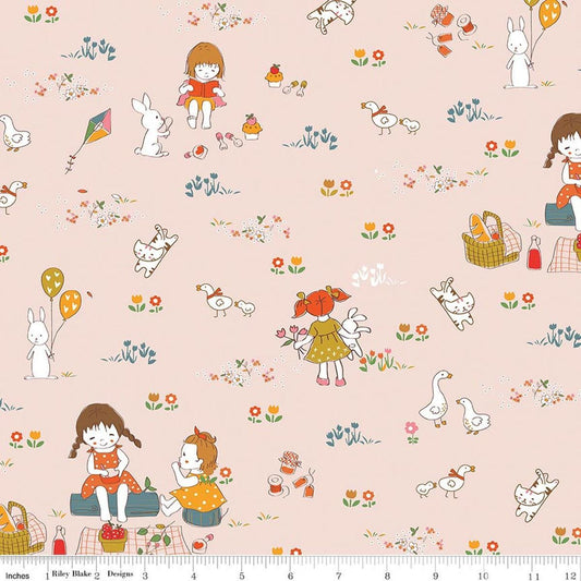 Image of Serendipity 2 Main Blush quilting cotton fabric by Minki Kim for Riley Blake Designs. Features a picnic scene on a pink background. Cute Little Fabric Shop.