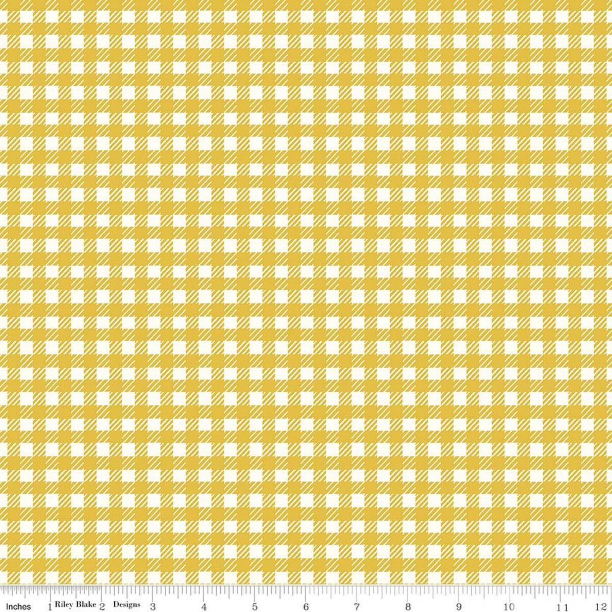 Image of Serendipity 2 Plaid Golden quilting cotton fabric by Minki Kim for Riley Blake Designs. Features plaid on a yellow background. Cute Little Fabric Shop.