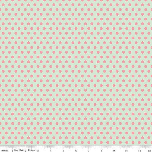 Image of Serendipity 2 Dots Mint quilting cotton fabric by Minki Kim for Riley Blake Designs. Features polka dots on a green background. Cute Little Fabric Shop.