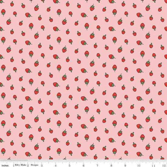 Image of Serendipity 2 Strawberries Pink quilting cotton fabric by Minki Kim for Riley Blake Designs. Features strawberries on a pink background. Cute Little Fabric Shop.