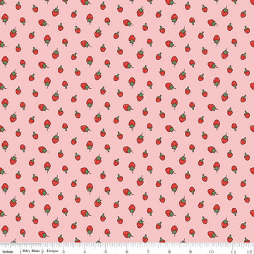 Image of Serendipity 2 Strawberries Pink quilting cotton fabric by Minki Kim for Riley Blake Designs. Features strawberries on a pink background. Cute Little Fabric Shop.